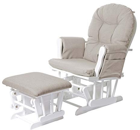 Relaxsessel HWC-C76, Schaukelstuhl Sessel Schwingstuhl mit Hocker - Stoff/Textil, Creme, Gestell weiß