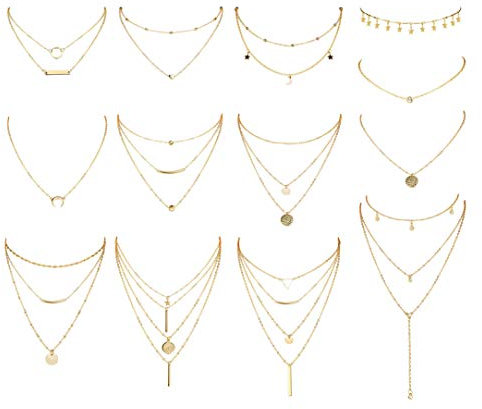 CASSIECA 13 Pcs Geschichteten Choker Halskette Einstellbar Lang Anhänger Halskette Klein Sterne Mond Pailletten Choker Mehrschichtige Kette Halskette Set für Frauen Mädchen Böhmischer Schmuck