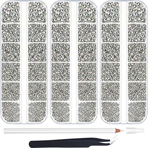 9000 Pièces Strass Hotfix Clair 6 Tailles Cristal Rond de Pierre Gemme Verre à Dos Plat Fer sur Strass Pierres de Verre avec Pince à Épiler et 1 Stylo de Prélèvement pour Manucure Bricolage