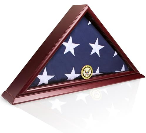 DECOMIL Vitrine für amerikanische Veteranen-Flagge, Massivholz, Kirsch-Finish, Marineblau