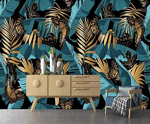 MIWEI Wallpaper Papier Peint Panoramique Abstrait Bleu Or Plante Tropicale Feuille De Bananier Papier Peint Nature Intissé Murale Chambre Salon（150cmX105cm）