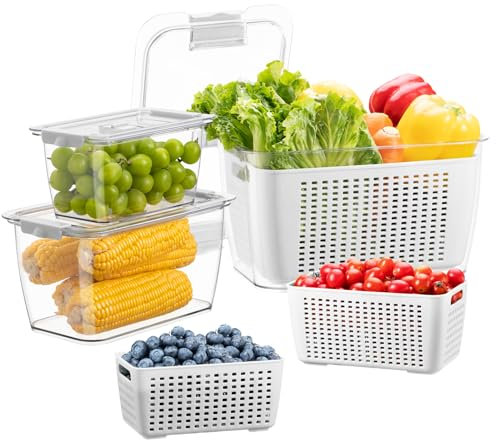 Luxear Fresh Food Storage Containers, 3 Pack Fridge Storage Container 4 L+1.7 L+0.5 L Keep Fresh Produce Saver BPA Free With Vents, Vegetable Containers For Fruit Salad in Refrigerator, White