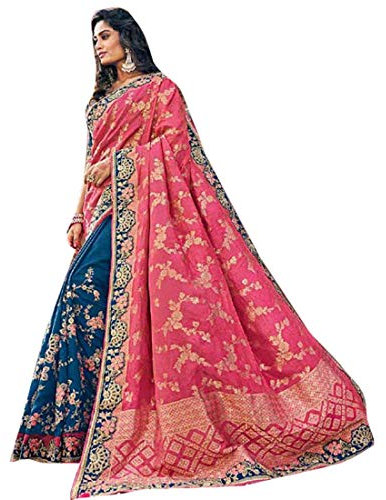 Blu Rosa Indiano Matrimonio Reale Seta Jaquard Zari Saree pesante Lavoro Camicetta Sari Donna Musulmana