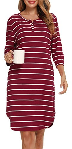 Vlazom Women's Nightdresses Soft Cotton Nightshirt Stripe 3/4 Sleeve Sleep Dress Sleepwear with Pockets, Wine Red,M
