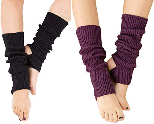 YUANQIAN Women Winter Extra Soft Over Knee High Footless Knitted Stirrup Leg Warmers for Yoga Ballet Dance (Black +Purple -2pair)
