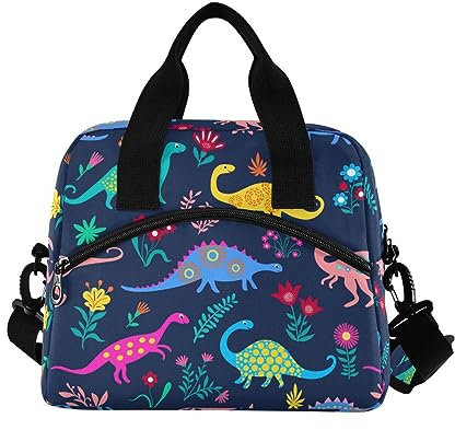 ALAZA Lunch Bags for Women Girls Boys, Dinosaurs Cute Kids Pattern Insulated Lunch Box with Shoulder Straps and Handle, Crossbody Tote Lunch Bag for School Office