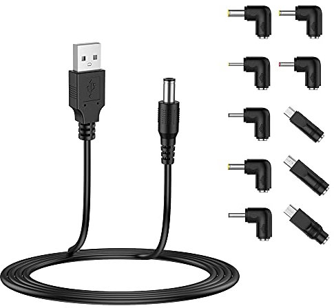 LIANSUM Câble d'alimentation USB vers DC 5V, Power Câble Universel DC 5.5x2.1mm avec 10 Convertisseur(5.5x2.5, 4.8x1.7, 4.0x1.7, 4.0x1.35, 3.5x1.35, 3.0x1 .1, 2.5x0.7, Micro USB, Type-C, Mini USB)