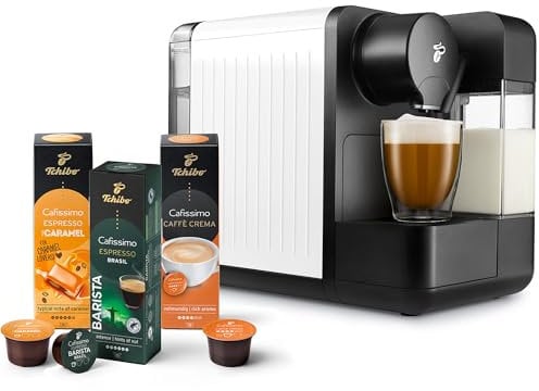 Tchibo Cafissimo „milk“ Kaffeemaschine Kapselmaschine inkl. 30 Kapseln für Caffè Crema, Espresso, Kaffee und Milchspezialitäten, Kapselmaschine mit Milchaufschäumer, Weiß