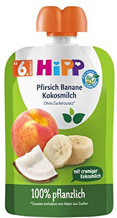 HiPP Frucht & Pflanzenmilch im Quetschbeutel für Babys Pfirsich Banane mit Kokosmilch (4x4x90g), Klein