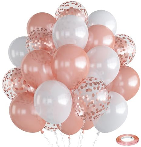 Rose Gold White Balloons - Pack of 30, 12 Inch Pearl Rose Gold White & Rose Gold Confetti Latex Party Balloons for Girls, Women, Wedding, Birthday, Valentine's Day, Bridal Shower Decoration