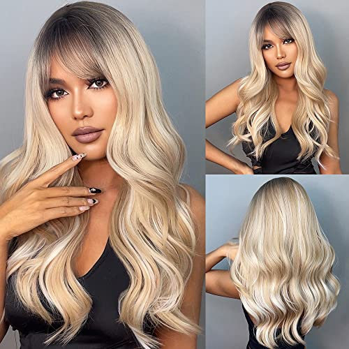 Esmee 22 Zoll Lange Lockige Ombre Blonde Perücken mit Dunklen Wurzeln für Frauen Natürlich Synthetisches Haar Perücke für Tägliche Party Cosplay Tragen
