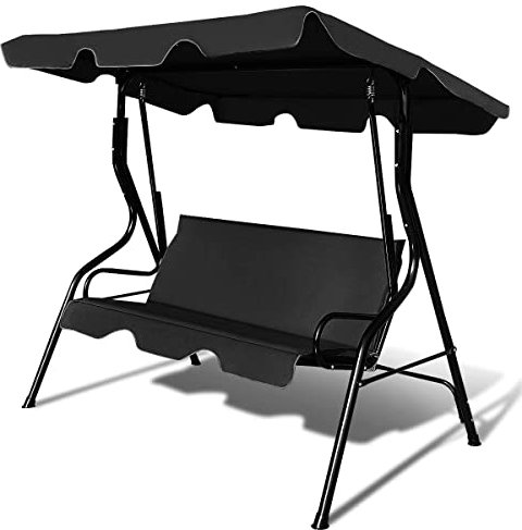 GIANTEX Balancelle de Jardin 3 Places, Balançoire de Jardin Chaise de Jardin Banc de Jardin avec Toit Solaire & Dossier, Chaise à Bascule Banc de Balançoire en Acier Jusqu'à 240 KG de Charge (Noir)