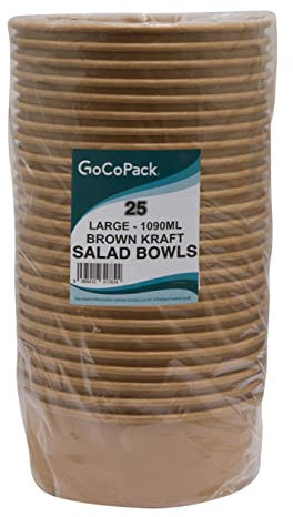Kraft Salad Bowls: Pack of 25 Brown-Kraft Paper Salad Bowls - Perfect for Hot Food and for Salads - Available in A Range of Sizes and with Option to Buy Lids (Bowl - Large - 1090ml)
