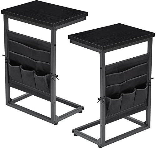 AMHANCIBLE Beistelltisch C Form Sofa Tisch 2er Set, Couch Kaffeetisch Holz, Kleiner Couchtisch mit Aufbewahrungstaschen, Sofatisch Wohnzimmer mit Schwarz Metall