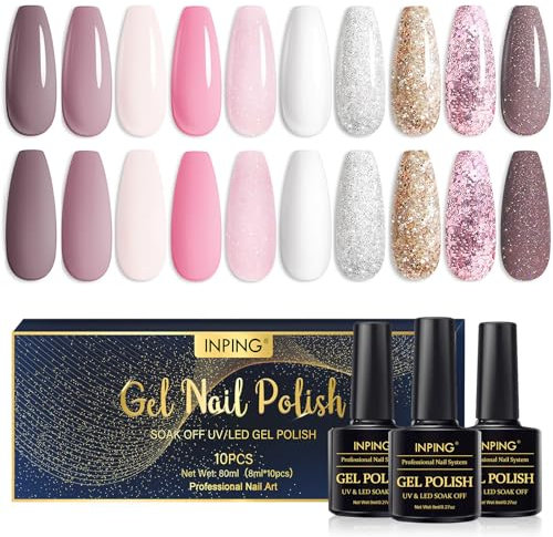 INPING UV Nagellack, 10 Stück Nudefarben Rosa Gel Nagellack Set, Glitzer Rosa Weiß Dunkelrosa Schimmer Pastell Pink Diamant Gelnägel Soak Off UV für Nageldesigns Kit Nail Art Salon