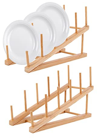 Tokenhigh Wooden Dish Sloping Rack, 2 PCS Bamboo Plate Rack for Cupboard, Multifunctional Dish Stand Drainers, Dish Drying Rack Pot Lid Holder, Kitchen Cabinet Organizer for Bowl Cup Cutting Board