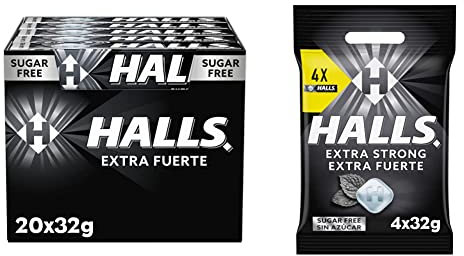 Halls Menta Fuerte - Caramelo duro - Caja con 20 unidades x 32g (total de 640g) & Extra Fuerte Caramelos Duros Sabor Eucalipto sin Azúcar, 4 x 32g