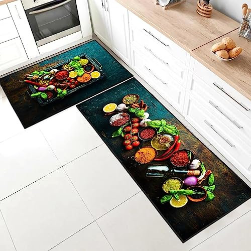 SHUAIG Kitchen Rug Set 2 Piece Non Slip Washable,Kitchen Mat Anti Fatigue Set,kitchen carpets with anti-slip stickers for Home Decoration (Style J, 40x60 + 40x120 cm)