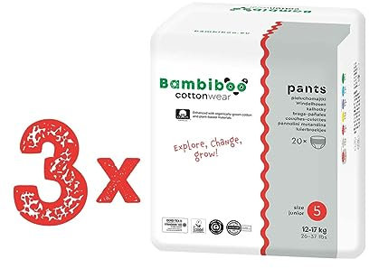 Bambiboo Baby Windeln Pants Größe 5 (ab 12 kg) COTTONWEAR Panty Höschen mit Bio-Baumwolle und Pflanzenstoffen mit Feuchtigkeitsindikator atmungsaktiv - 3 x 20 (60 Stück)
