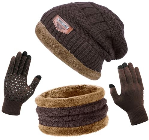ANCEER Strickmütze Schal Handschuhe Set 3in1 | Weiches Dickes Wintermütze Set für Herren & Damen | Thermo Fleece Gefüttert, Extrem Warm und Unisex für Outdoor (Dunkelbraun)
