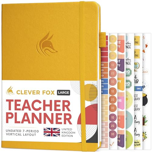 Clever Fox Lehrerplaner UK Edition, Schuljahresplaner mit Kalendern und Unterrichtsplänen, Lehrerplan-Buch für Klassenzimmer und Heimschule, undatiert, 18 x 25 cm, Hardcover (Bernsteingelb)