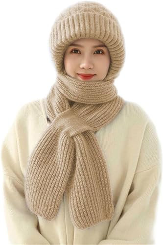 LIANGERMAO Kapuzenschal, Kapuzenschal damen, Schalmütze damen, Mützenschal damen, Mützenschal, Frauen dicke warme Ohrenschutz Mütze Schal, 2-in-1-Schal-Strickmütze (Khaki)