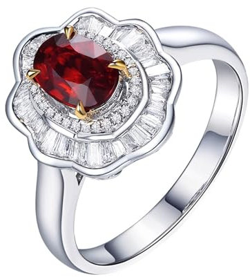 18K Ringe, Ring mit Stein Rot 18 Karat Weißgold Blume Lab Rubin 0.76Ct Rot Ovalschliff Vvs mit Diamant Natur Weiß Größe 45 (14.3) Gravur für Neujahr