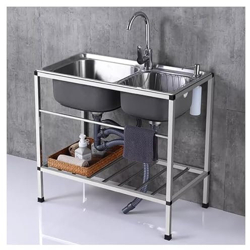 Küchenspüle Freistehende Edelstahl Spültisch mit Wasserhahn mit Ablagefächern, Multifunktions waschtisch 2 Becken Komplettspüle für Waschküche Bar Garage Außenbereich Außenbereich