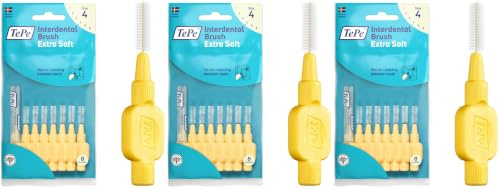 TePe Interdental Brushes | Type: Extra Soft | Yellow | Size 4 (0.7mm) | 8 Count (Pack of 3)