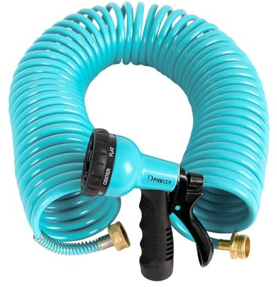 Dphkcey Coil Hose 50FT, EVA Coiled Garden Hose, Retractable Small Garden Hose, Lightweight Curly Water Hose with 8 Pattern Spray Nozzle for Garden Lawn Car, RV, Pet, Pool