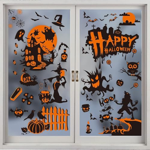 SULOLI Adesivi per Finestre Halloween,8 Fogli Vetrofanie per Finestre Riutilizzabile,Sticker Rimovibile Halloween,Decorazione Zucca,Ragno,Pipistrello,Fantasma