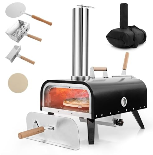 GYMAX Horno de Pizza para Exteriores, Multicombustible con Termómetro, Piedra y Pala para Pizza, Chimenea Ajustable, Horno de Acero Inoxidable 3 Capas, Portátil con Bolsa de Transporte