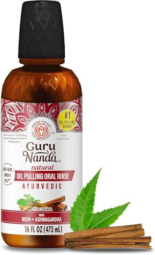 GuruNanda Cinnamon Oil Pulling Mouthwash, Promotes Calmness, with Neem & Ashwagandha for Fresh Breath & Happy Gums, Alcohol-Free, with Toothbrush & Tongue Scraper, 473 ml