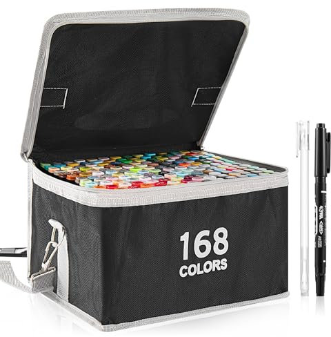 Shoze Color Markers - 168 Colors Twin Tips Permanent Art Set for Adults Drawing, Sketching, Manga, Kids Doodle (Black)