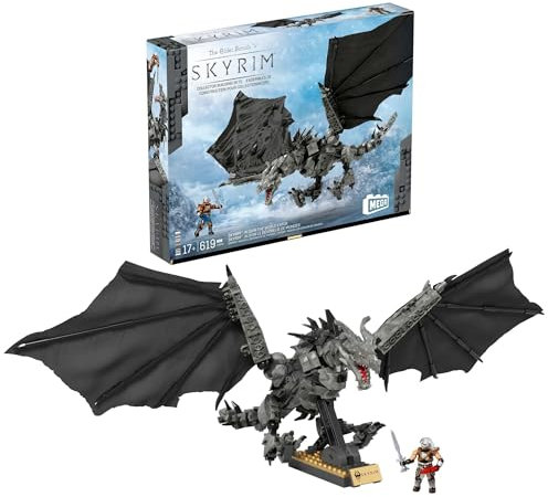MEGA Skyrim Actionfigur Bauspielzeug, Alduin der Weltenfresser mit 619 Teilen, mit 1 Dragonborn-Figur, für Sammler, HXR98