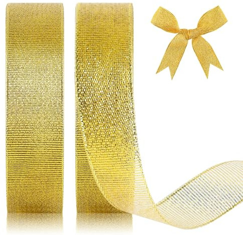 GXFCING Organzaband Gold 20mm Breit, 44 Meters Glitzer Geschenkband Weihnachten Schleifenband für Geschenkverpackung, Bastelarbeiten, Geburtstag, Taufe, Hochzeit
