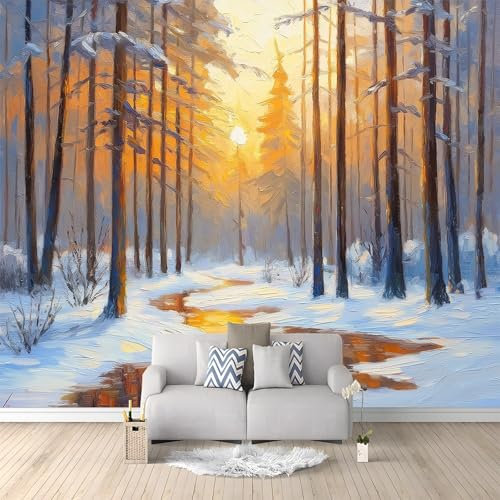 Carta Parati Murale Moderna Pineta Tramonto Neve 300x210 cm Poster Fotomurale Non Tessuto, Carta da Parati Panoramica 3D per Soggiorno, Camera Letto, Ufficio, TV Sfondo
