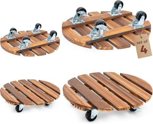 Bamworld Plant Trolley Heavy Duty Plant Caddy with Wheels 4 pack 12 Inch Rolling Plant Stand with 360 Swivel Lockable Casters for Heavy Duty Plant Pots Indoor Outdoor Dark Brown