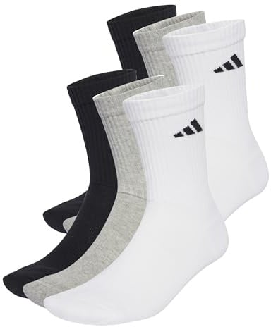 adidas Unisex CUSHIONED CREW SOCKS 6 PAIR PACK, White/Medium Grey Heather/Black, 13-14.5