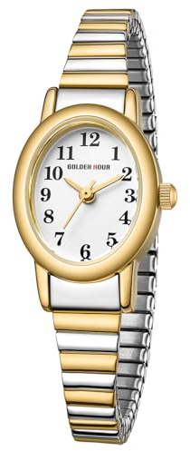 GOLDEN HOUR Kleine Armbanduhr Damen Analog Quarz Leicht Ablesbare Uhr Damen mit Edelstahl-Dehnarmband, Rundes Gehäuse, 12 Stunden wasserdichte Armbanduhr für Frauen Mädchen