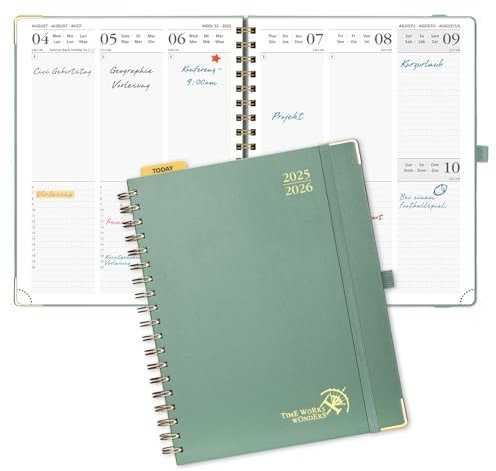 POPRUN Kalender 2025 2026 Buchkalender Ringbuch mit Hardcover, ca. A4 (25,5 x 20,5 cm), 17-Monate-Terminplaner (Aug.2025-Dez.2026), Wochenplaner 2025 2026 mit Plastiklineal - Mitternachtsgrün