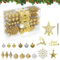HENGMEI Weihnachtskugeln Kunststoff 108 Stück Christbaumschmuck mit Stern Spitze Christmas Decorators Aufhängen Weihnachtsbaumschmuck - Gold
