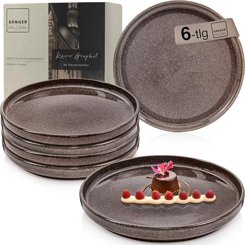 Sänger Kairo Graphit | Dessertteller 6 teilig, Steingut Frühstücksteller 6 Personen, kleine Teller spülmaschinenfest mikrowellenfest, Steingut Geschirr Mocha Braun | VALUE COLLECTION
