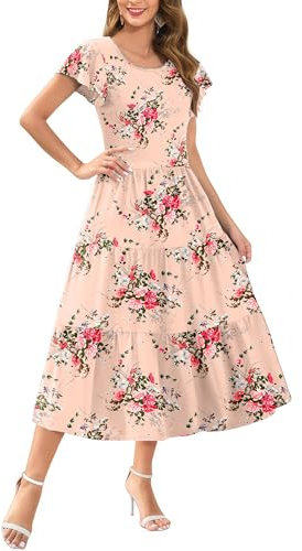 Zeagoo Vestido Mujer Verano Manga Corta Cuello Redondo Línea A con Volantes Monocolor Elegante Midi Suelto Tiempo Rose Flor M