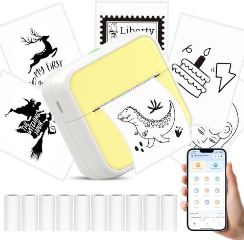 HUIJUTCHEN Mini imprimante de poche pour iPhone/Android, mini imprimante d'autocollants portables avec 10 rouleaux de papier thermique non collant, mini imprimante thermique à dents bleues pour