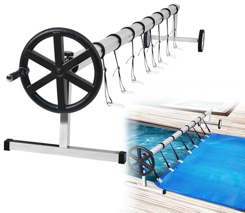 YARDIN Sistema de enrollado para piscina de aluminio + acero inoxidable, incluye 8 bandas de fijación para lonas de piscina y lámina solar, accesorios de piscina ajustable de 3 m hasta 5,7 m