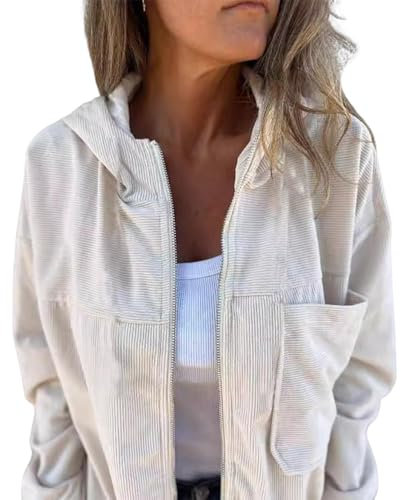 BIUBIULOVE Schicke Und Gemütliche Wolljacke, Cordjacke Für Damen, Kapuzenpullover Mit Reißverschluss Für Damen, Langärmlige Kapuzenpullover Mit Tasche (Weiß,2XL)