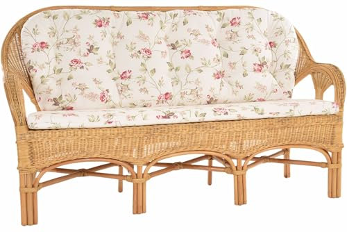 Krines Home Rattan Dreisitzer Bank Palm Küchenbank Wintergarten Sofa Bank Wintergartenbank (Honig, geblümter Stoff, 3-Sitzer)