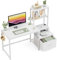 GreenForest Computer Desk with Drawer, 150cm Gaming Desk with Storage and Printer Shelves, Reversible Office Study Desks, Large Home Office Bedroom Workstation, White