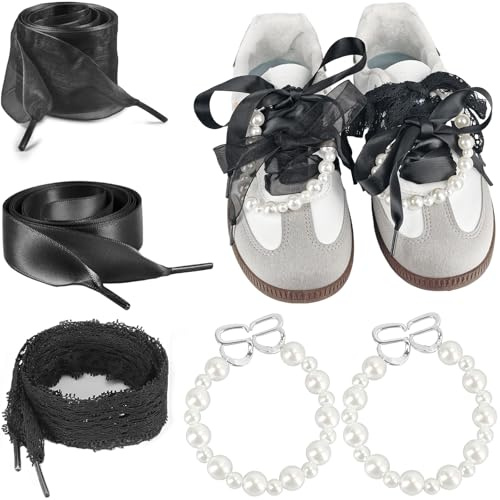 Lacesgian Set 3 Paia Lacci Scarpe Satinato in Raso con Charms Perle, Lacci Nastro e Organza per Sneakers Donna (Black, 36/90cm)